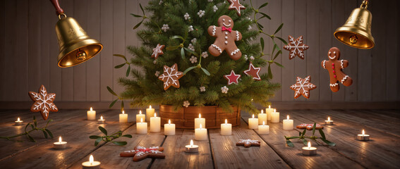 Magical Christmas tree gingerbread and golden bell decoration. warm, festive, candlelit holiday scene for celebration
