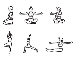 A collection of yoga pose icons. Thin line style vectors.
