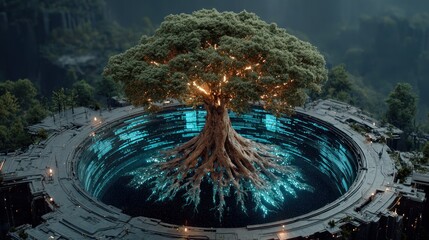 Fantasy digital art of a glowing tree with roots inside a technology-filled pit