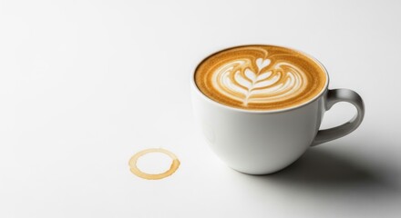 A beautifully presented cup of coffee features intricate latte art, sitting gracefully on a clean white surface, with a subtle coffee stain ring adding a touch of realism to the composition.
