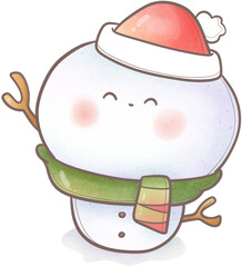 The cute snowman wearing the santa hat and 
winter scarf.