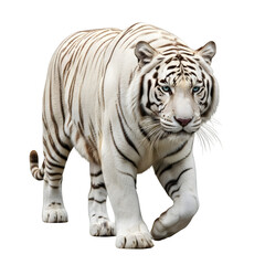 Obraz premium Majestic white tiger walking forward in side view, powerful body, realistic detail, isolated on white background, perfect for wildlife and nature concepts.