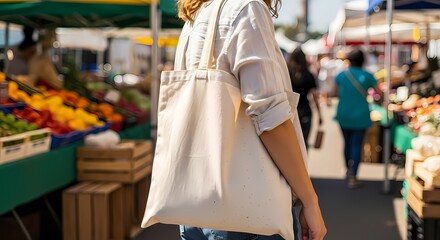 Naklejka premium Person Carrying Blank Reusable Tote Bag Walking Through Vibrant Outdoor Farmers Market with Fresh Produce