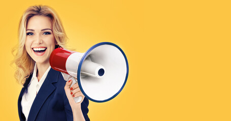 Portrait of happy expressive smile cute confident woman speak megaphone loudspeaker loud speaker,...