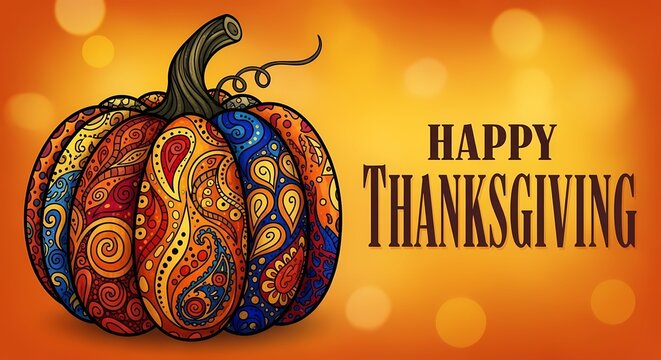 Ornate Colorful Illustrated Pumpkin with Happy Thanksgiving Greeting on Warm Orange Background