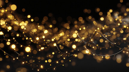 Glowing golden lights in a dark space, creating a festive atmosphere. The lights form an elegant, flowing design, with a blurred effect adding depth