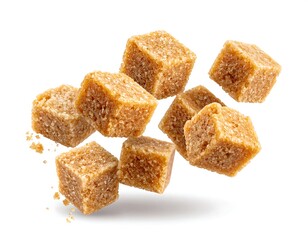 Close-up of several brown sugar cubes mid-air, isolated on white