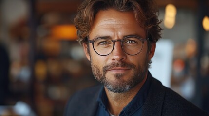 Confident man with glasses and beard in warm indoor setting, stylish casual look with natural light and soft background bokeh created with AI