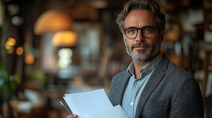 Confident mature professional man with glasses holding documents in warm indoor office setting, business and leadership concept created with AI