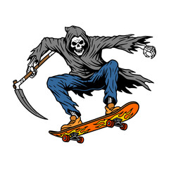 Radical reaper shredding on a skateboard, a spooky skeleton with a scythe doing cool tricks, perfect for Halloween or edgy street style designs