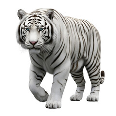 Obraz premium Majestic white tiger walking forward in side view, powerful body, realistic detail, isolated on white background, perfect for wildlife and nature concepts.