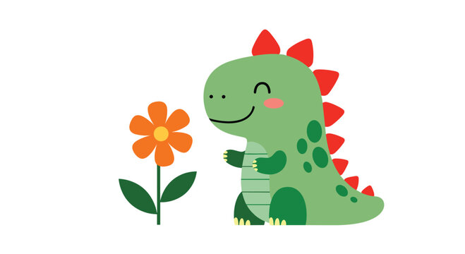 Cute cartoon green dinosaur smelling an orange flower with green leaves and stem.
