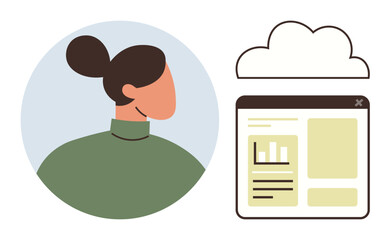 Simplistic profile of a woman paired with a cloud and browser window displaying data tables and graphs. Ideal for cloud computing, data management, user profiles, teamwork, analytics, technology