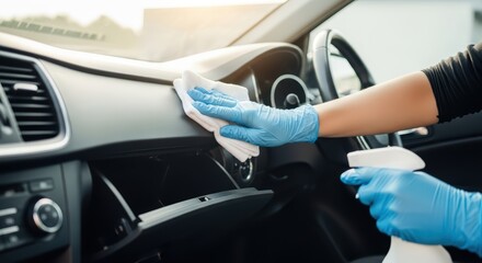 Female cleaning car interior with blue gloves and spray bottle for professional auto detailing