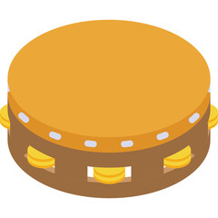 A Round Brown Tambourine With Golden Cymbals And A Yellow Drum Head Isolated On A White Background