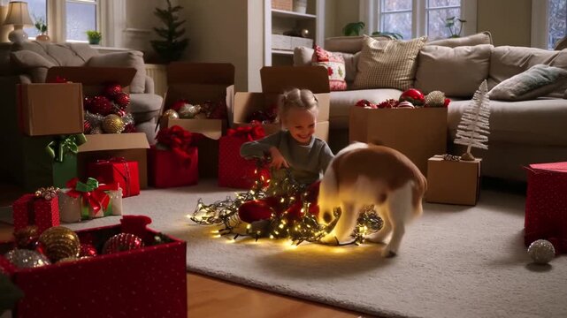A girl and her dog tangled in Christmas lights. A joyful chaos of decorating, laughter and playful fun. 