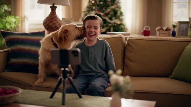 A boy's attempt to record a Christmas message is hilariously interrupted by his dog. A genuine and funny family moment