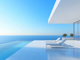 Modern minimalist villa terrace with infinity pool and ocean view, featuring white architecture, clean lines, and sun loungers under clear blue sky created with AI