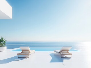 Minimalist luxury terrace with two sun loungers facing the ocean and infinity pool under bright sky, modern white architecture and serene coastal design created with AI