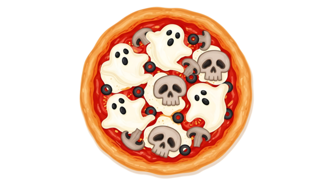 Halloween pizza with ghost and skull toppings isolated on transparent background