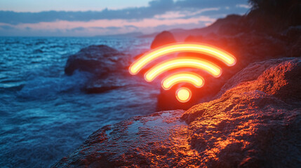 A modern floating wifi sign glows bright white against shifting backgrounds, symbolizing seamless connection, digital freedom, and the evolving future of communication in a sleek technological world.