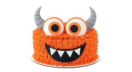 Cute orange furry monster cake with big eyes and sharp teeth isolated on transparent background