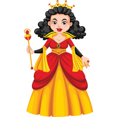 A regal queen illustration in a red and yellow gown holds a scepter adorned with a golden crown and jewels on a transparent background
