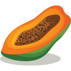 A Ripe Papaya Halved Revealing Dark Brown Seeds Against a White Background