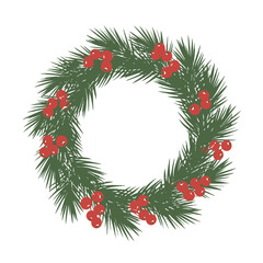 Elegant Christmas wreath illustration with vibrant red berries and green pine needles, isolated on a white background for festive holiday design