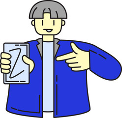Happy man presents new app on phone, modern tech