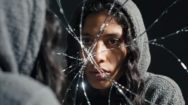 Woman in Hoodie Looking at Broken Mirror, Facing Identity Issues