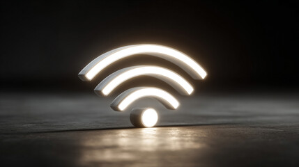 A modern floating wifi sign glows bright white against shifting backgrounds, symbolizing seamless connection, digital freedom, and the evolving future of communication in a sleek technological world.