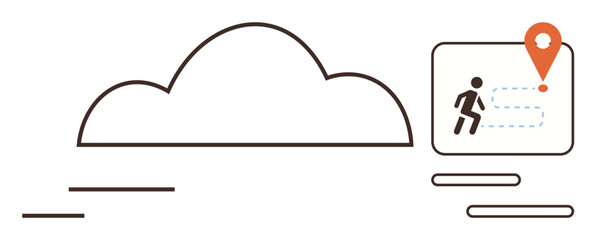 Cloud icon with navigation path leading to orange location pin. Ideal for technology, travel, navigation, cloud computing, journey planning, data sharing, futuristic design. Simple flat metaphor
