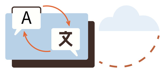 Speech bubbles with letters and arrows symbolize language translation, supported by cloud connectivity. Ideal for communication, multilingual platforms, digital tools, global outreach, translation