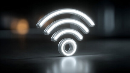A modern floating wifi sign glows bright white against shifting backgrounds, symbolizing seamless connection, digital freedom, and the evolving future of communication in a sleek technological world.