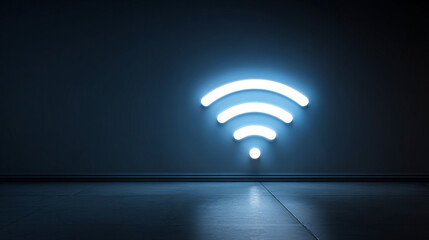 A modern floating wifi sign glows bright white against shifting backgrounds, symbolizing seamless connection, digital freedom, and the evolving future of communication in a sleek technological world.