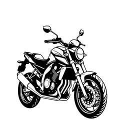 High-Contrast Black and White Vector Illustration of a Modern Street Motorcycle in Three-Quarter Frontal View on a Pure White Background