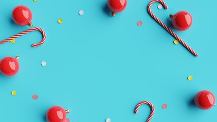 Flat lay Christmas decorations on blue background. 3d rendering 