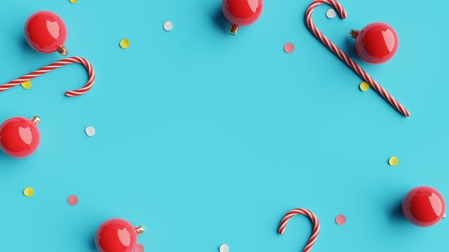 Flat lay Christmas decorations on blue background. 3d rendering 