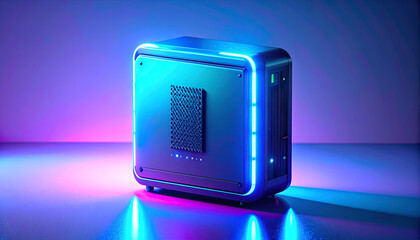 A futuristic, compact computer case with a glowing blue outline and a mesh vent.