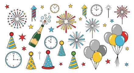 Festive New Year's Eve Celebration Illustration Featuring Fireworks, Champagne, Balloons, and Party Hats for Holiday-Themed Designs and Greeting Cards