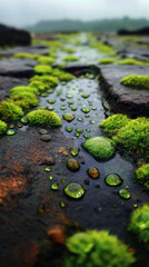 A moss covered stone statue glows with a gentle sheen, revealing ancient texture and quiet presence. The scene symbolizes memory, resilience, and the enduring connection between time, nature, and huma