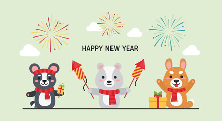 Naklejka premium Festive Lunar New Year Celebration with Cartoon Animals, Fireworks, and Gift Boxes for Holiday Greetings and Cultural Events.
