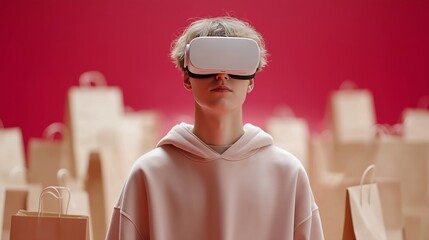 Teen boy wearing virtual reality headset surrounded by red shopping bags. Concept of futuristic e-commerce, immersive retail experience, and modern digital consumerism