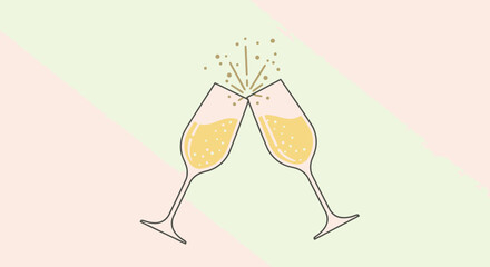 Minimalist Toasting Champagne Glasses Illustration with Sparkling Effervescence and Pastel Background. Ideal for Party Invitations, Celebratory Events, or Festive Graphic Design Projects.