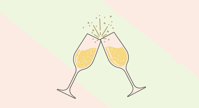 Minimalist Toasting Champagne Glasses Illustration with Sparkling Effervescence and Pastel Background. Ideal for Party Invitations, Celebratory Events, or Festive Graphic Design Projects. - Powered by Adobe