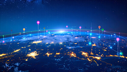 Global network connection and communication technology concept over planet Earth from space at night.