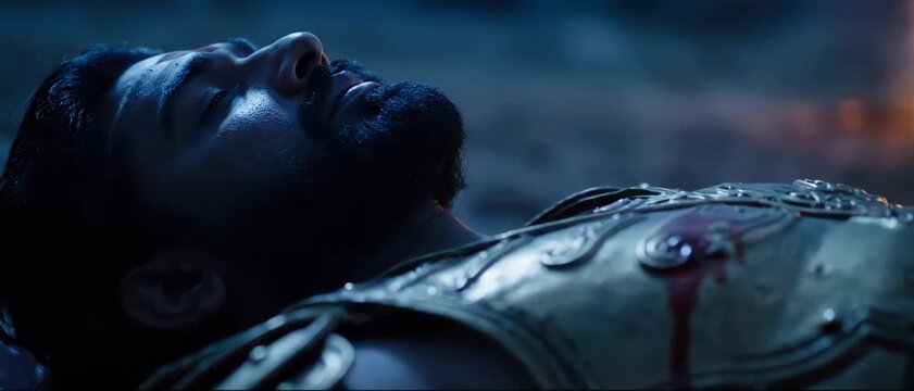 Karna s Fall Cinematic Portrait of a Warrior During the Kurukshetra War, Reflecting Bhagavad Gita s Essence and Geeta Jayanti.
