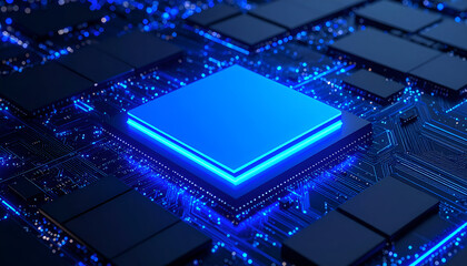 Close-up of a glowing blue central processing unit (CPU) on a circuit board, illustrating modern technology.