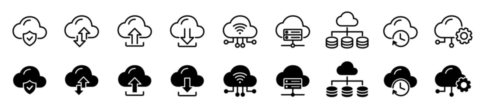 Cloud services icon set. Cloud computing, storage, data transfer and more. Vector illustration.